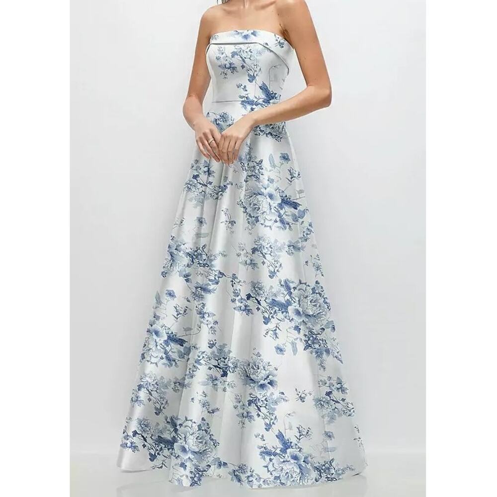 Alfred Sung Strapless Floral Satin Gown Blue Cottage Rose Larkspur Sara Size 4